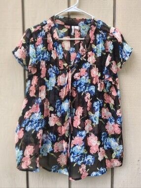 ELLE Floral Sheer Top Large Black Blue Popover Flowy V-neck Whimsigoth Fairy
